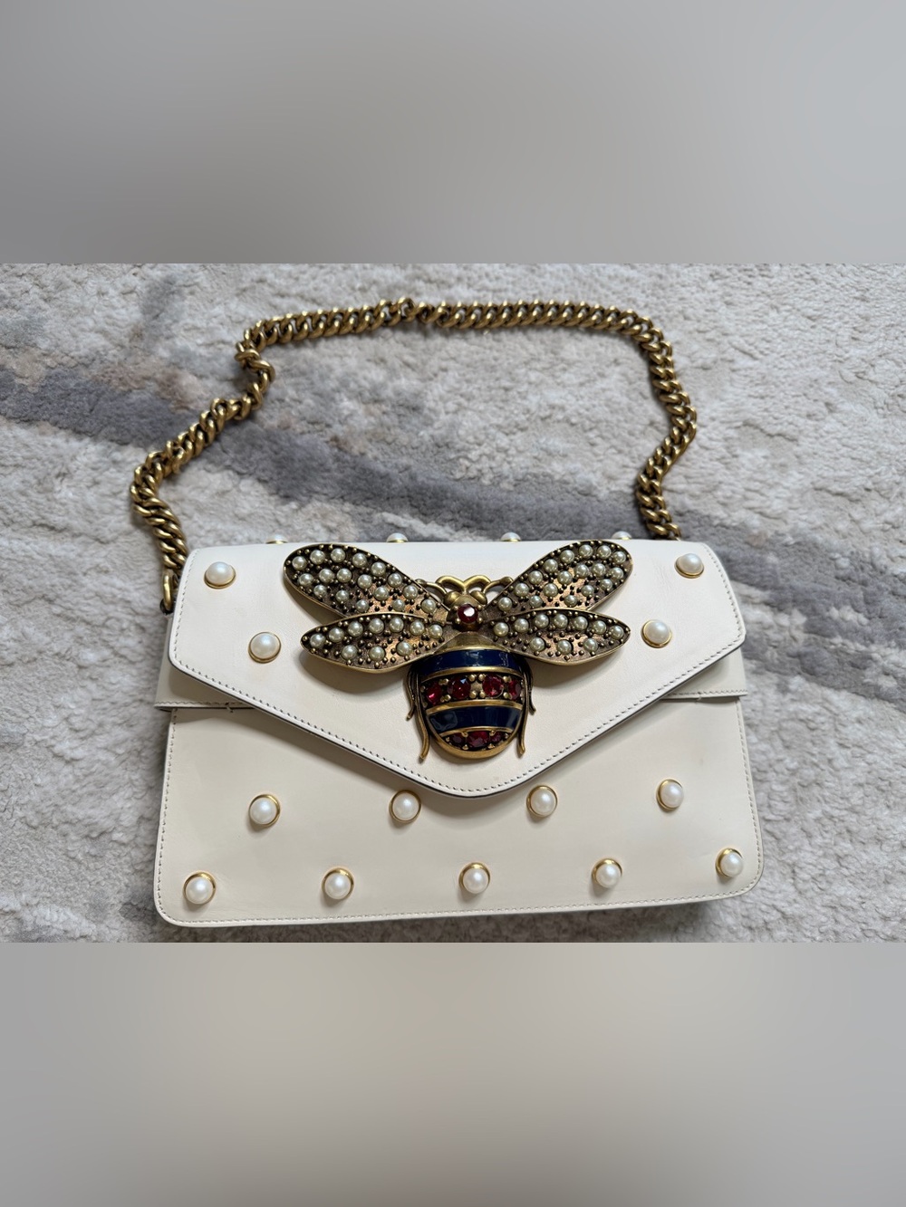 Gucci Cream Pearl-Embellished Bee Shoulder Bag with Gold Chain